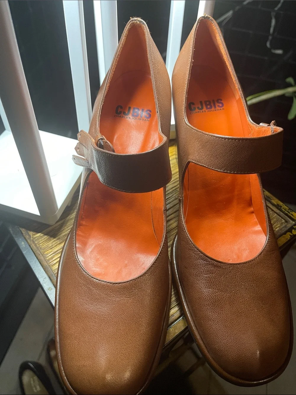 Charles Jourdan Brown Leather Mary Jane block heel with Orange Insole